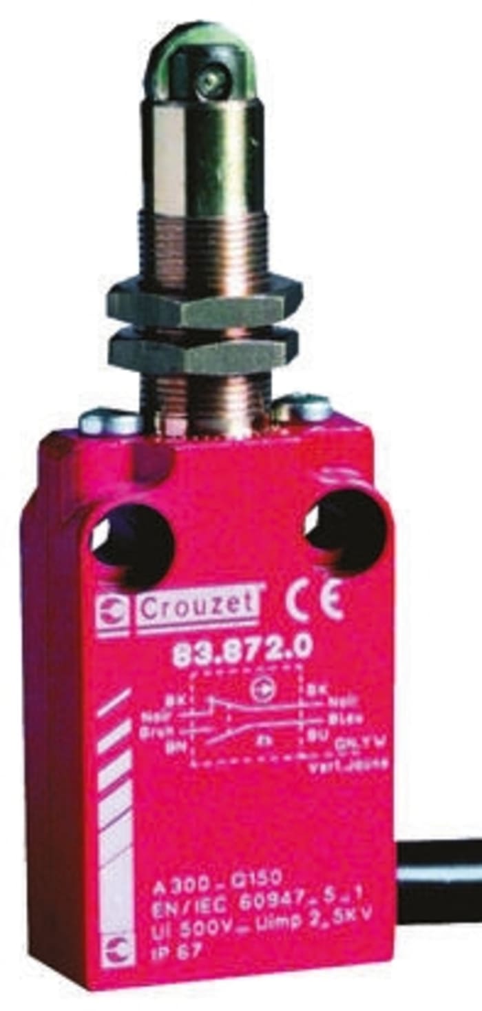 Crouzet Plunger Limit Switch, NO/NC, IP66, IP67, Metal Housing, 30V ac Max, 100mA Max