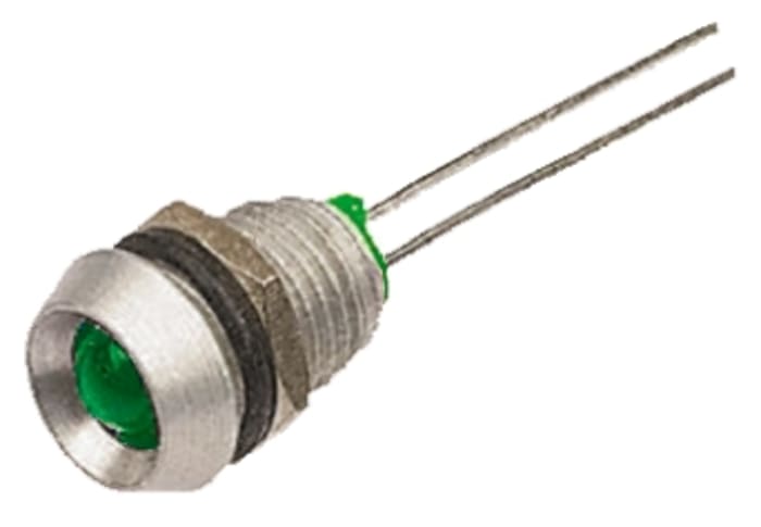 Bulgin Green Panel Mount Indicator, 2.2V dc, 8mm Mounting Hole Size, Lead Wires Termination