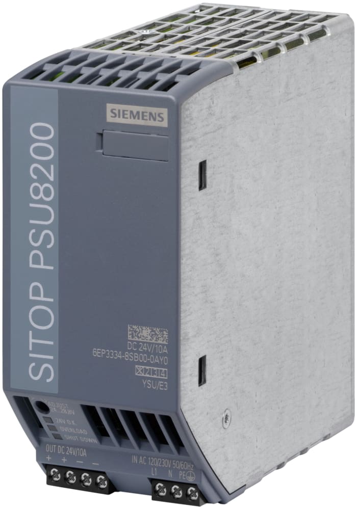 Siemens SITOP PSU8200 Switched Mode DIN Rail Power Supply, 120 → 230V ac ac Input, 24V dc dc Output, 10A Output,