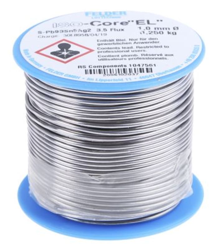 Fil à souder Felder Lottechnik 1mm, 250g, Plomb 93%, Etain 5%, Argent 2%, fusion à 296°C
