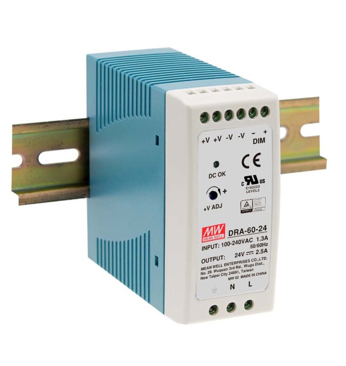 Alimentation pour rail DIN MEAN WELL, série DRA, 12V c.c.out 5A, 60W