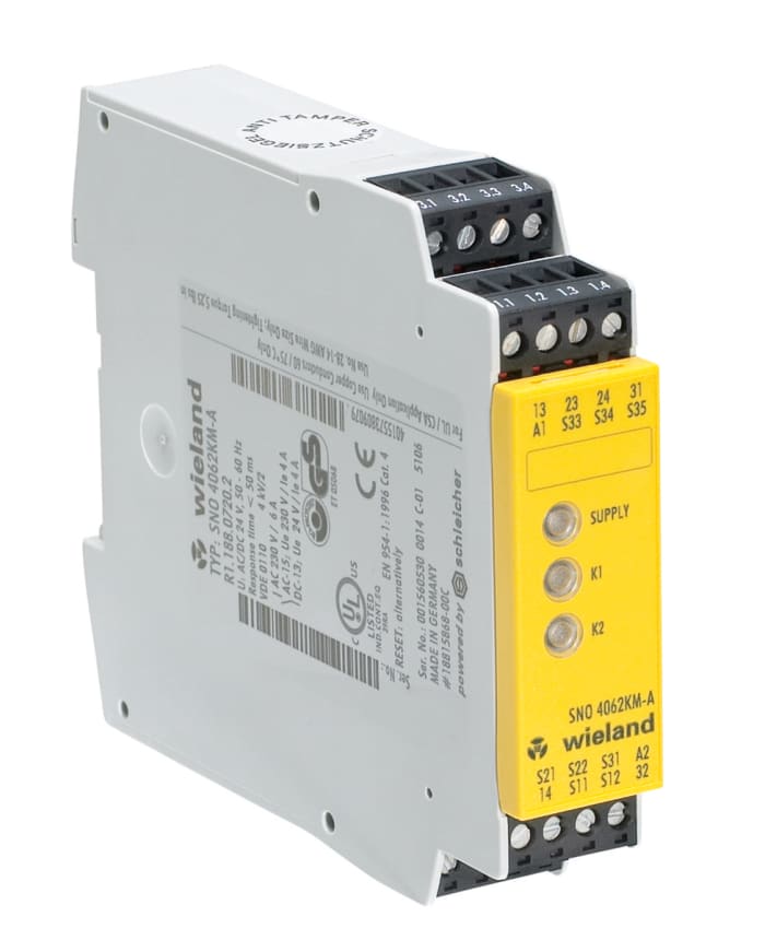 Wieland safeRELAY SNO 4062KM Safety Monitoring Safety Relay, 24V ac/dc, Dual-Channel, 2 Safety Contacts