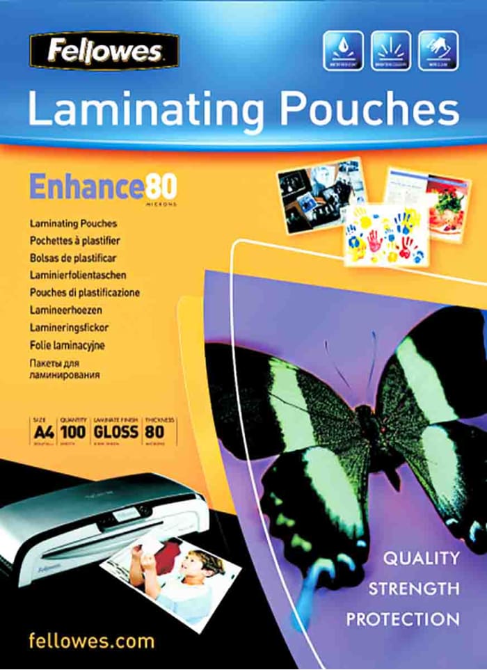 Pochettes à plastifier, Fellowes, Format A4, Epaisseur 80micron, Finition Brillant, 100 unités