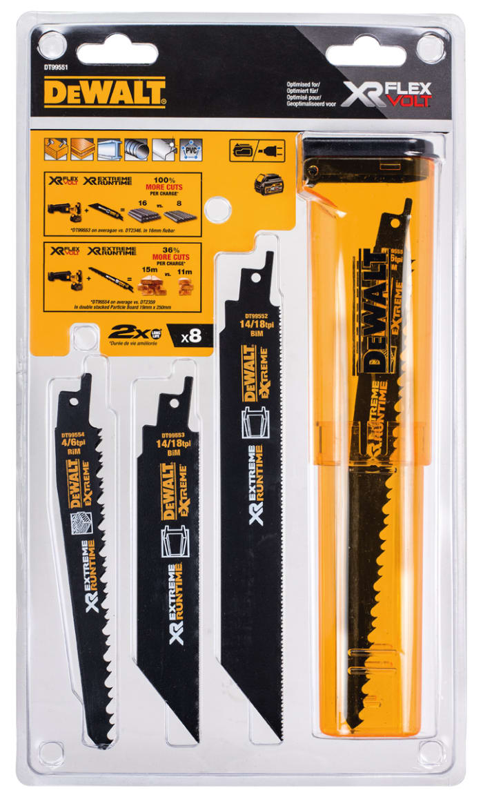 DT99551 QZ DeWALT DeWALT 14 18 TPI 4 6 TPI Teeth Per Inch 152mm Cutting Length Reciprocating Saw Blade Pack of 8 123 0742 RS Components
