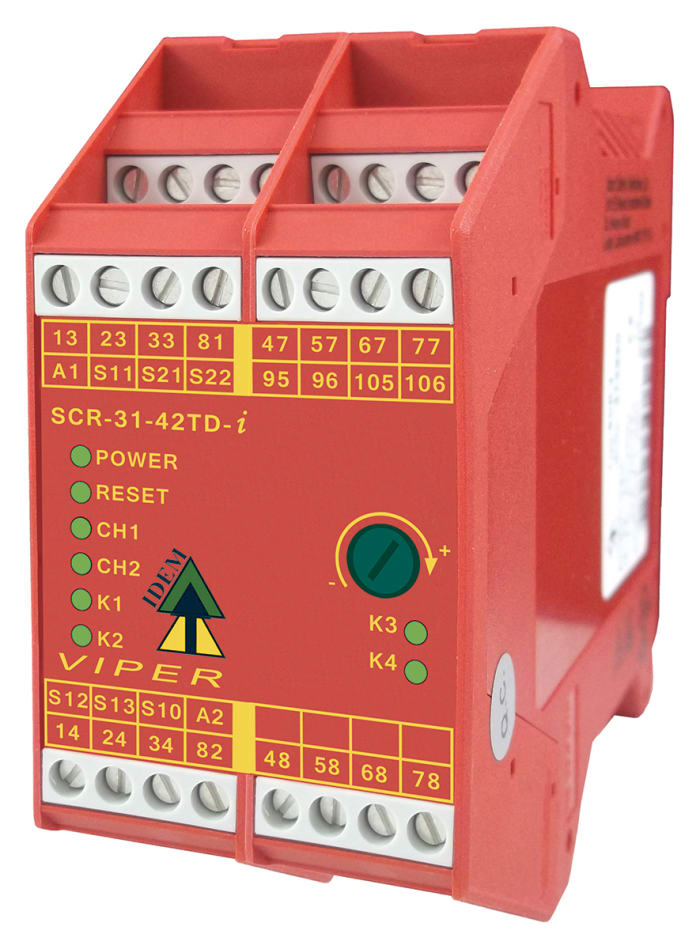 IDEM SCR-31-42TD-i Pluggable Terminals Emergency Stop Safety Relay, 24V ac/dc, Dual-Channel, 7 Safety Contacts