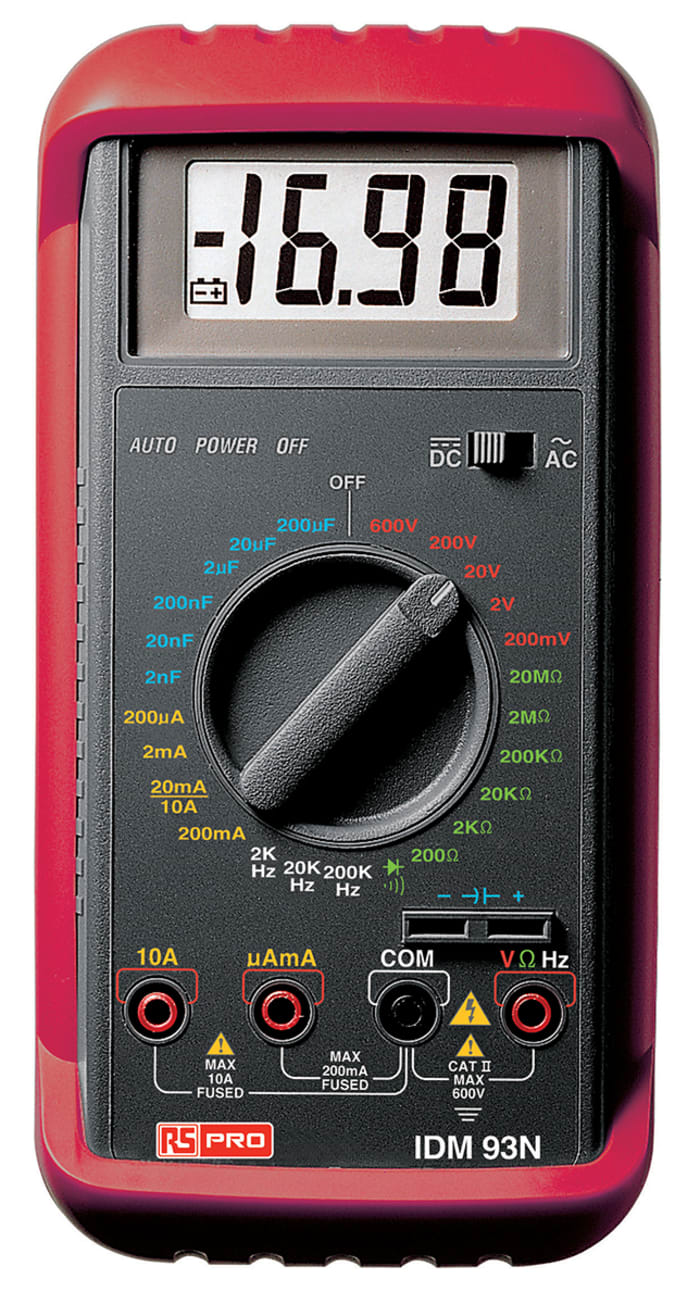 RS PRO, RS PRO IDM93M Handheld Digital Multimeter, 10A ac Max, 10A dc Max,  600V ac Max - UKAS Calibrated, 123-3262