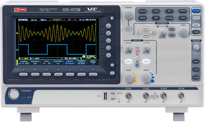 Osciloscopio de banco RS PRO IDS1072B, canales:2 A, 70MHZ, pantalla de 7plg, interfaz USB, Europa, UK