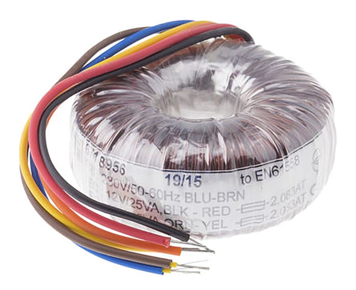 Transformador toroidal RS PRO, Tensión 2 x 25V ac, Potencia 500VA, 2 salidas, Montaje superficial