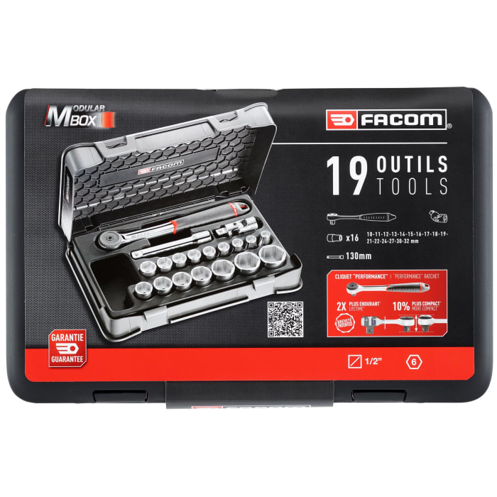 Facom 19-Piece Metric 1/2 in Standard Socket Set with Ratchet, 6 point