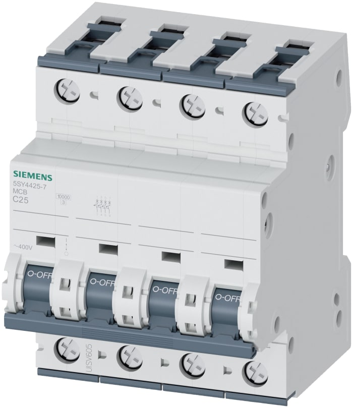 Siemens Sentron 5SY4 MCB, 4P, 25A Curve C, 400V AC, 10 kA Breaking Capacity