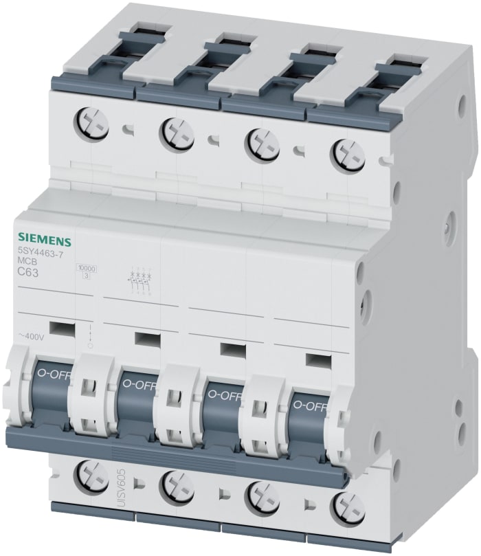 Siemens Sentron 5SY4 MCB, 4P, 63A Curve C, 400V AC, 10 kA Breaking Capacity
