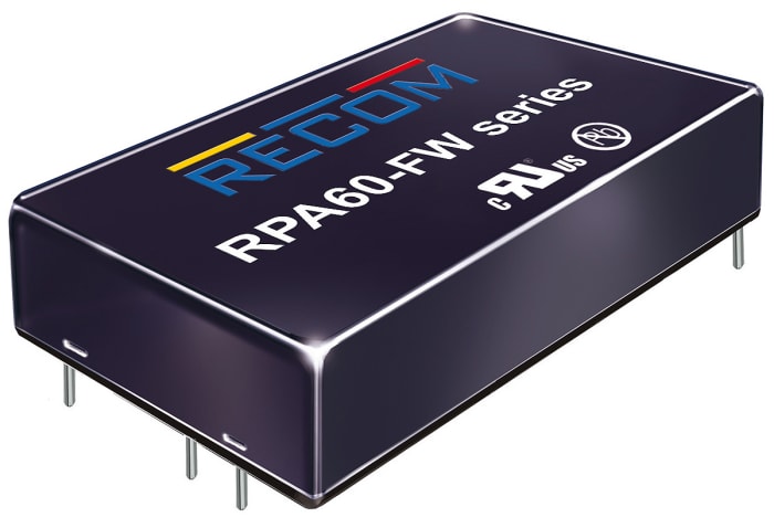 Recom RPA60-FW DC-DC Converter, 12V dc/ 5A Output, 9 → 36 V dc Input, 60W, Through Hole, +75°C Max Temp -40°C