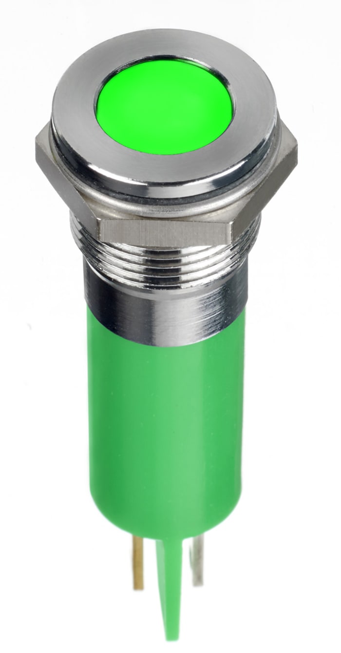 Indicador LED RS PRO, Verde, lente enrasada, marco Cromo, Ø montaje 12mm, 12V dc, 20mA, IP67