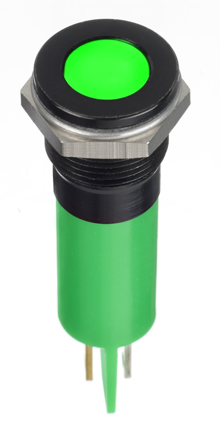 RS PRO Green Panel Mount Indicator, 24V dc, 12mm Mounting Hole Size, Faston, Solder Lug Termination, IP67