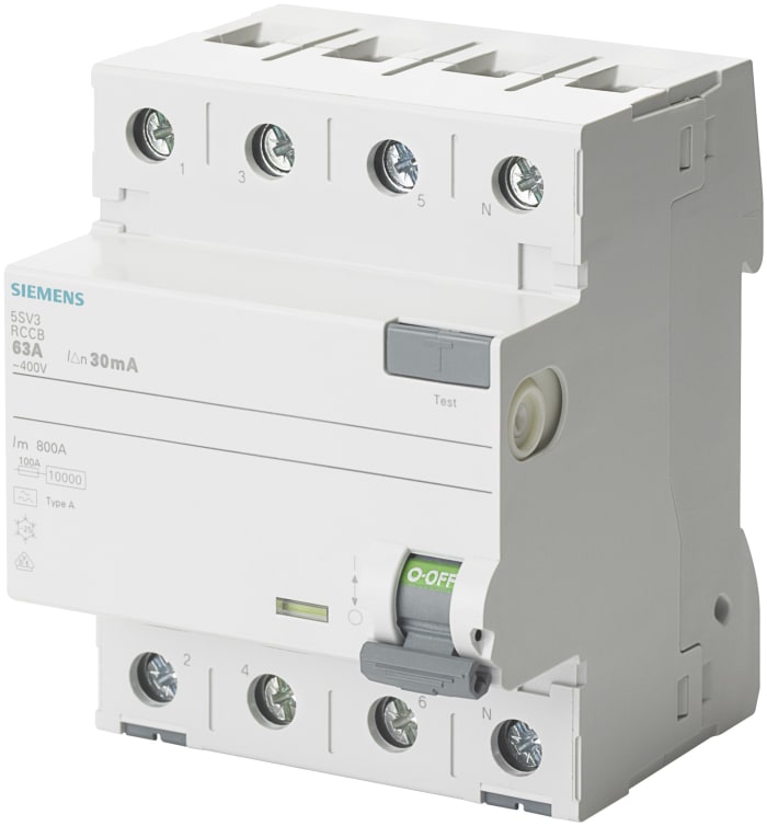 Siemens 5SV3 RCCB, 63A, 4 Pole, 30mA, Type A