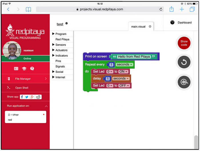 Red Pitaya Visual Programming Oscilloscope Software for Use with Red Pitaya STEMlab Kits