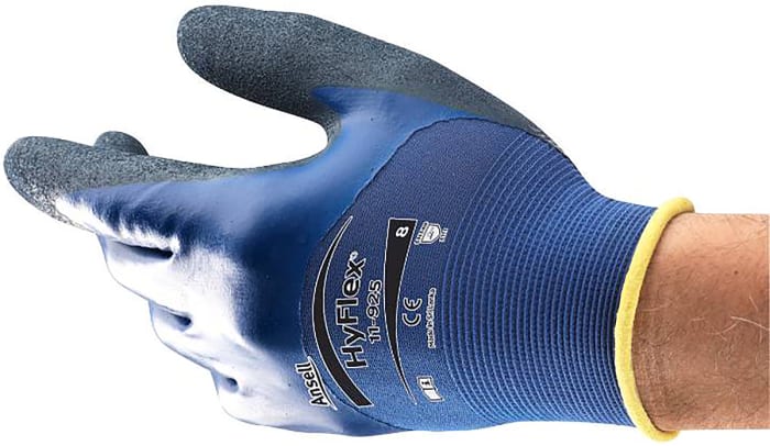 Ansell HyFlex 11-925 Blue Nylon, Spandex Oil Resistant Work Gloves, Size 8, Nitrile Coating