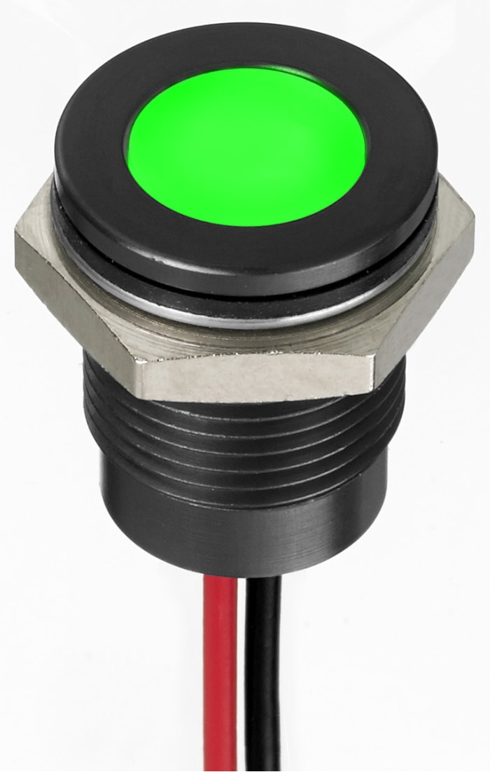 RS PRO Green Panel Mount Indicator, 24V dc, 14mm Mounting Hole Size, Lead Wires Termination, IP67