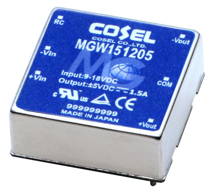 Cosel MGW DC-DC Converter, ±5V dc/ 1.5A Output, 9 → 18 V dc Input, 15W, PCB Mount, +85°C Max Temp -40°C Min Temp