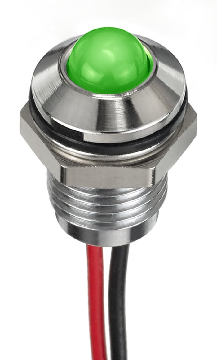 RS PRO Green Panel Mount Indicator, 1.8 → 3.3V dc, 8mm Mounting Hole Size, Lead Wires Termination, IP67