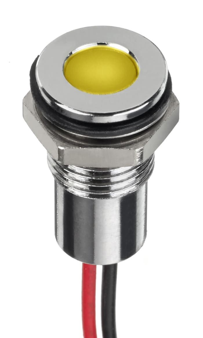 Indicador LED RS PRO, Amarillo, lente enrasada, marco Cromo, Ø montaje 8mm, 12V dc, 20mA, 250mcd, IP67