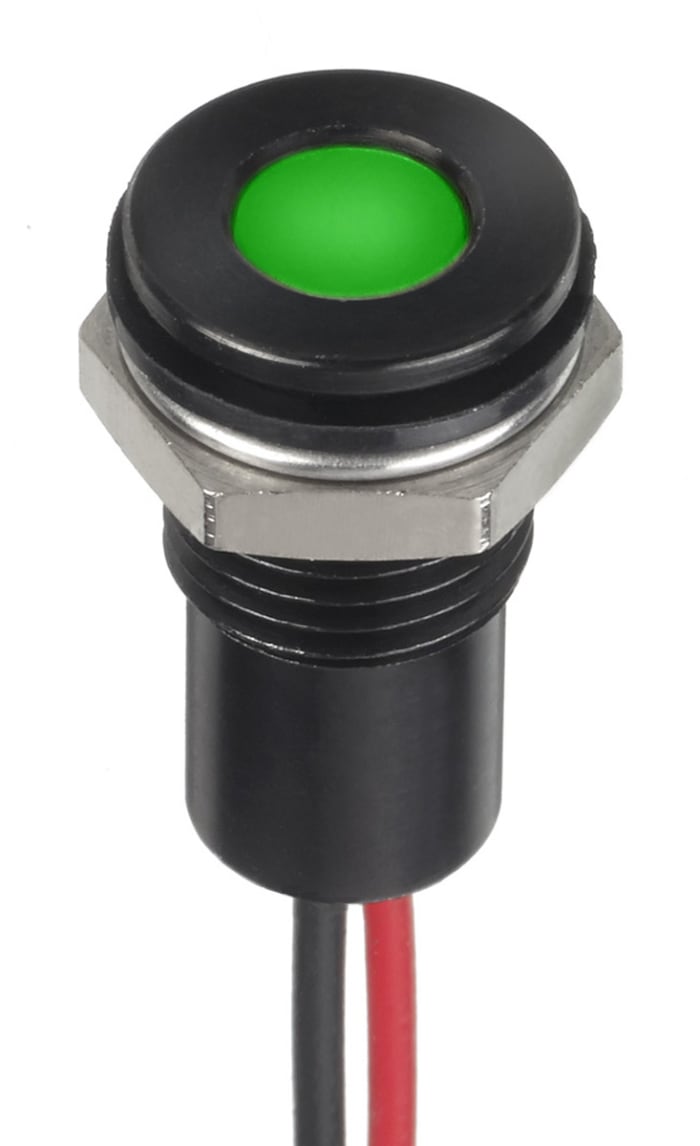 RS PRO Green Panel Mount Indicator, 1.8V dc, 3.3 V dc, Lead Wire Termination, IP67