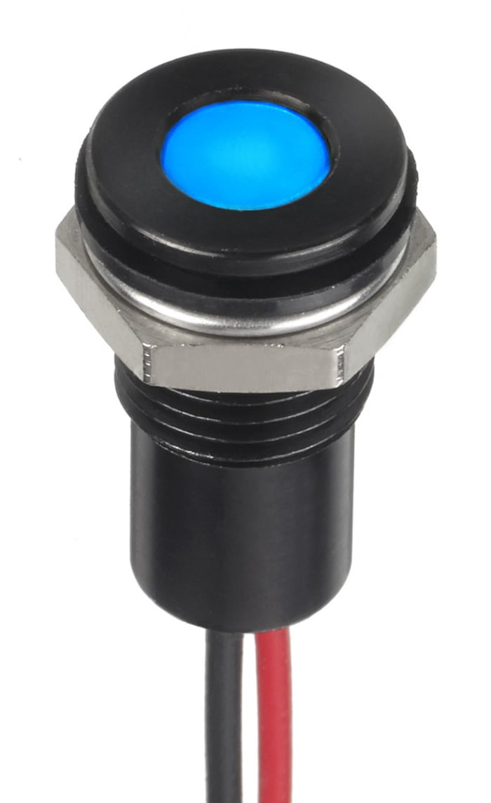 RS PRO Blue Panel Mount Indicator, 1.8 → 3.3V dc, 8mm Mounting Hole Size, Lead Wires Termination, IP67