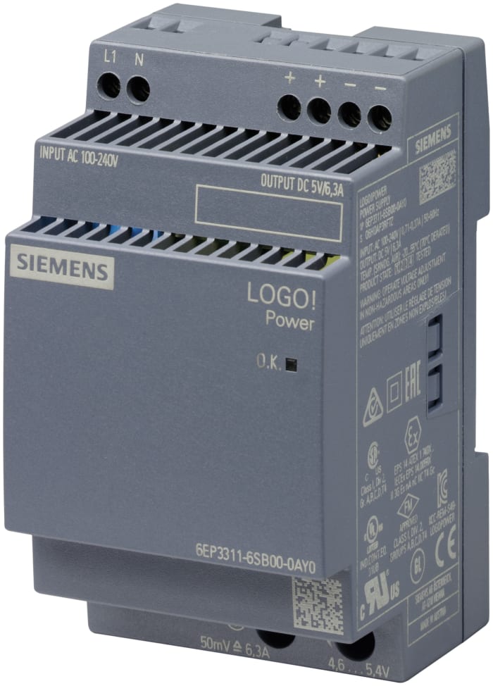 Alimentation pour rail DIN Siemens, série LOGO POWER, 5V c.c.out 6.3A, 31.5W