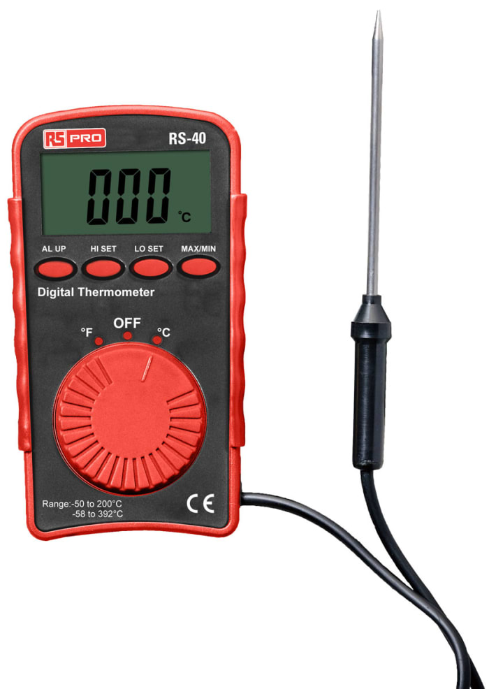 RS PRO, RS PRO RS40 Wired Digital Thermometer, 1 Input(s), +200 °C, +392  °F Max, ±2 °C, ±4 °F Accuracy, 136-5671