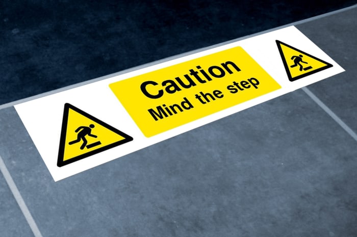 Etiquette RS PRO avec pictogramme : Attention à la marche " Caution - Mind the step "