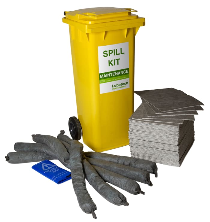 Kit de déversement contient 1 poubelle à 2 roulettes en polyéthylène jaune 140 L, 1 étiquette de sac naturelle