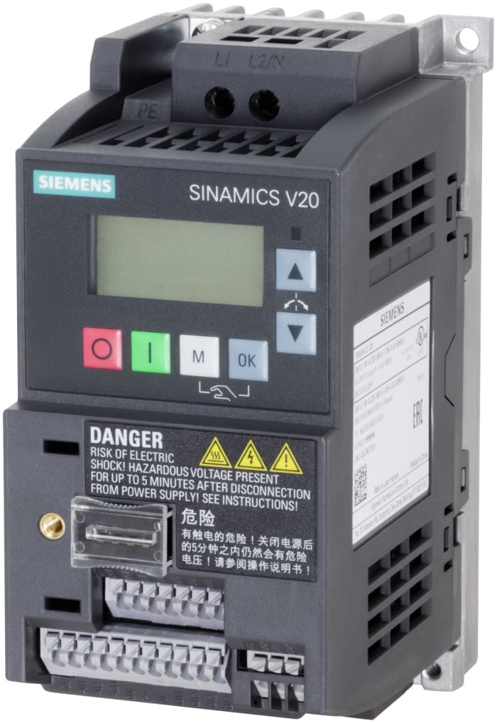 Variador de frecuencia Siemens serie SINAMICS V20, 0,37 kW, 230 V ac, 1 fase, 2,3 A, 0 → 550Hz, IP20, USS/Modbus