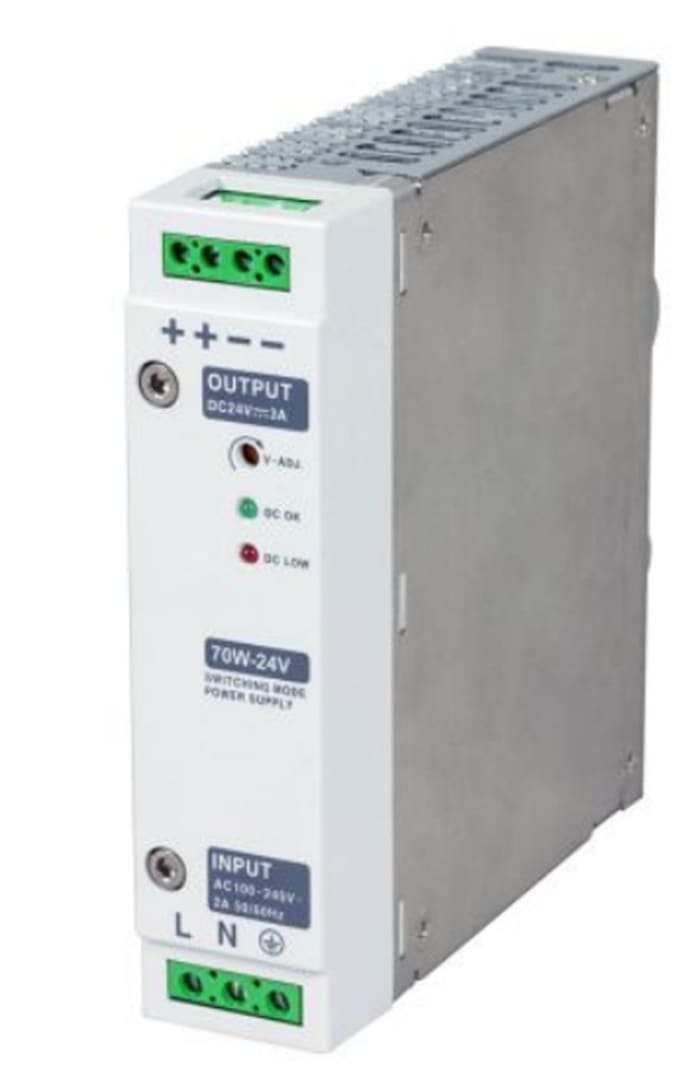 RS PRO Switched Mode DIN Rail Power Supply, 230V ac, 48V dc dc Output, 1.5A Output, 70W