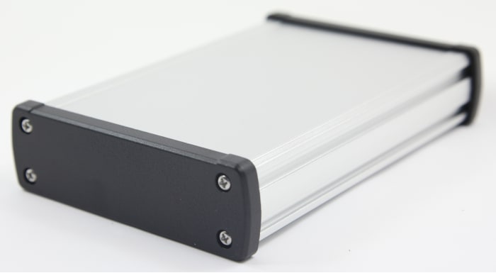 RS PRO Silver Aluminium Enclosure, IP66, Black Lid, 113.7 x 35.2 x 169mm