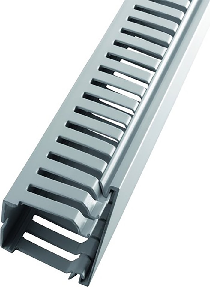 RS PRO Grey Slotted Panel Trunking - Open Slot, W25 mm x D25mm, L2m, Halogen Free PC/ABS