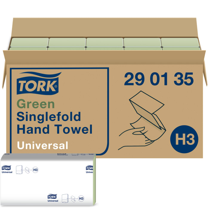 Tork Green Singlefold Hand Towel Universal Folded Green Paper Towel, 115 x 248 (Folded) mm, 230 x 248 (Unfolded) mm,
