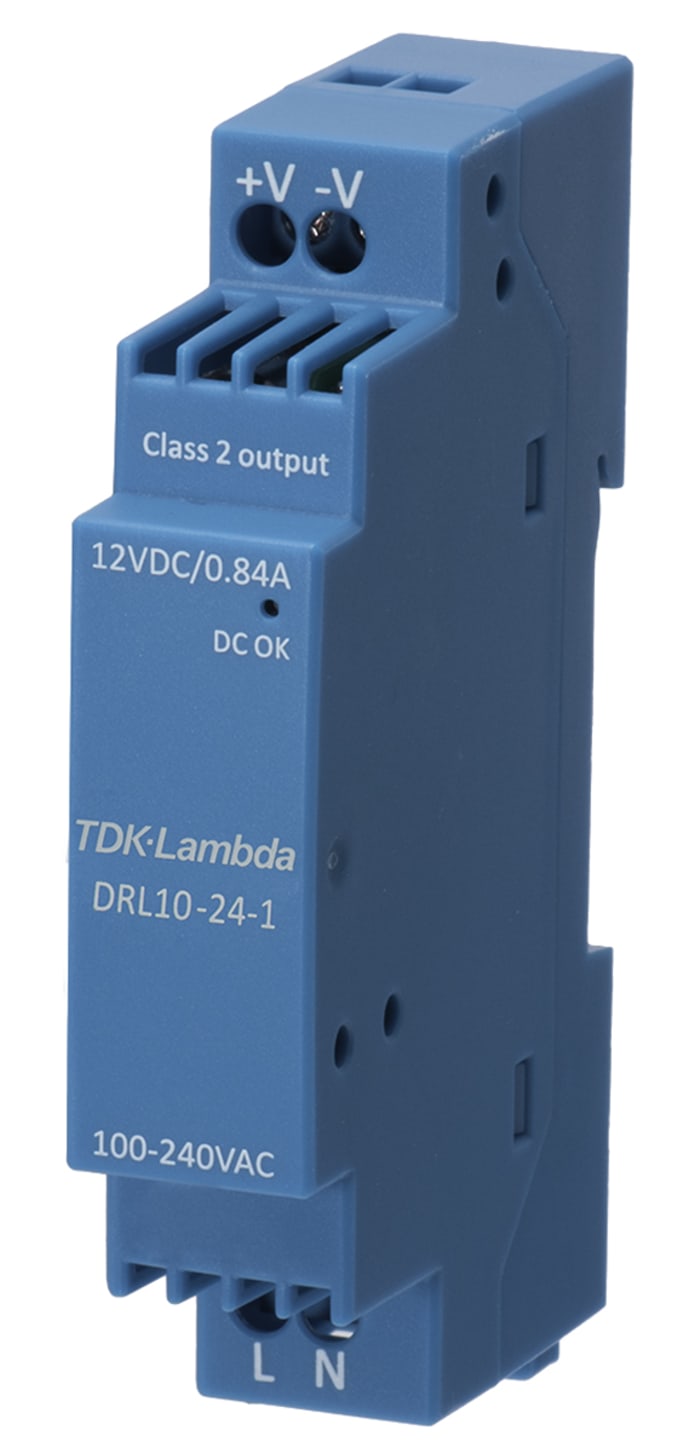 TDK-Lambda DRL-10 Switched Mode DIN Rail Power Supply, 85 → 264V ac ac Input, 12V dc dc Output, 840mA Output, 10W