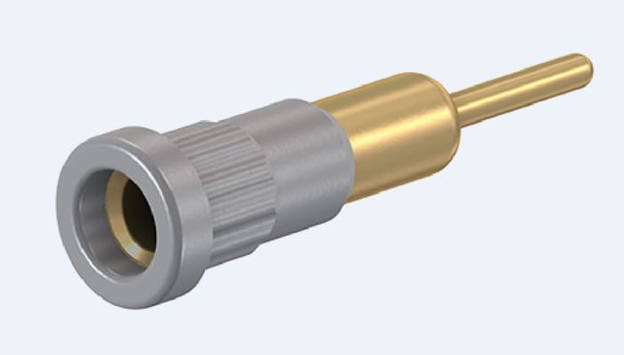 Staubli Grey Female Banana Socket, 4 mm Connector, Press Fit Termination, 25A, 30 V, 60V dc, Gold Plating