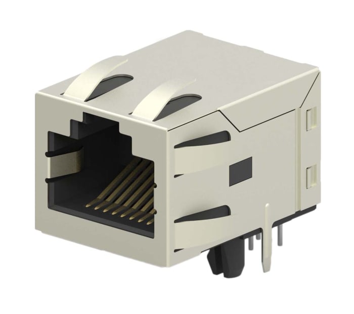 TE Connectivity 2031994 Series Female RJ45 Connector, PCB Mount, Cat6, Nickel Plated Brass Shield Right Angle 1 x 1