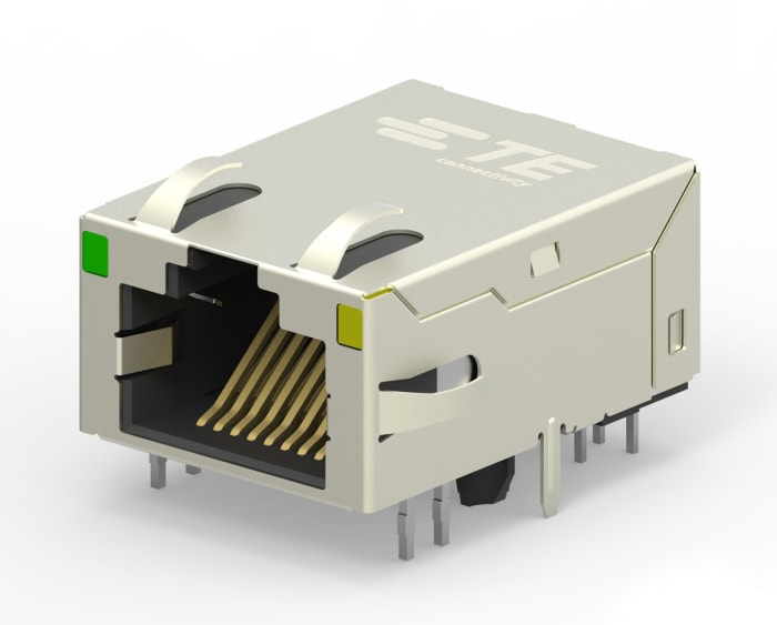 TE Connectivity 1-2301994 Series Female RJ45 Connector, PCB Mount, Cat6, Nickel Plated Brass Shield Right Angle 1 x 1