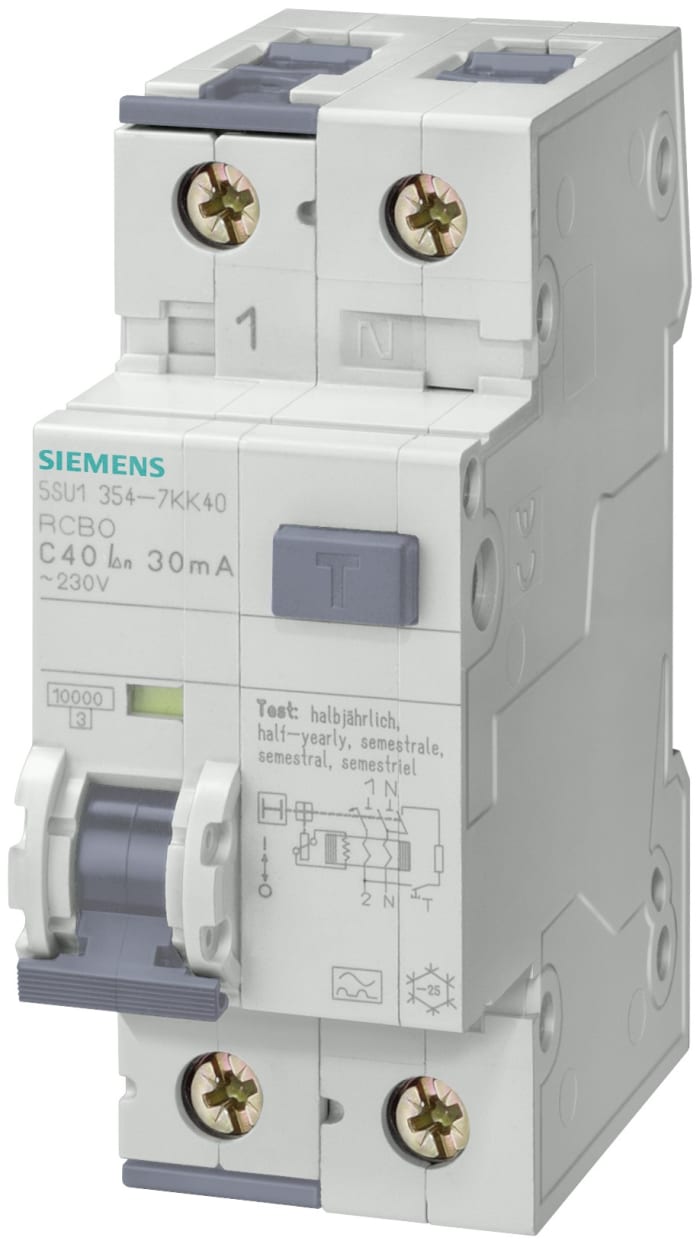 Disjoncteur différentiel magnéto-thermique Siemens 16A 2P, sensibilité 30mA, Montage rail DIN, 5SU1