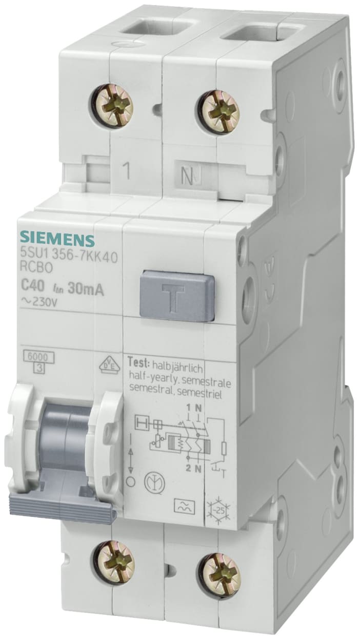 Disjoncteur différentiel magnéto-thermique Siemens 16A 1P+N, sensibilité 30mA Type B, Montage rail DIN, 5SU1