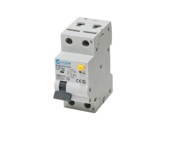 Interruptor automático y diferencial 2P, 16A, Sensibilidad 30mA, Curva Tipo C, Poder de corte 6 kA, Montaje en Carril