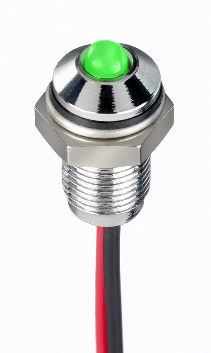 RS PRO Green Panel Mount Indicator, 1.8 → 3.3V dc, 6mm Mounting Hole Size, Lead Wires Termination, IP67