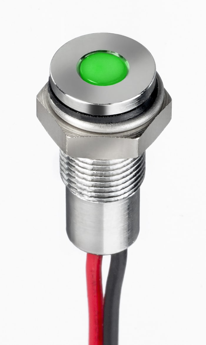RS PRO Green Panel Mount Indicator, 10.8 → 13.2V dc, 6mm Mounting Hole Size, Lead Wires Termination, IP67