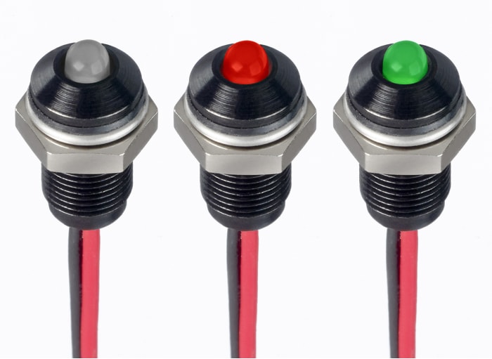 RS PRO Green, Red Panel Mount Indicator, 1.8 → 3.3V dc, 6mm Mounting Hole Size, Lead Wires Termination, IP67