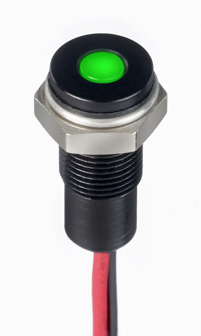 RS PRO Green Panel Mount Indicator, 10.8 → 13.2V dc, 6mm Mounting Hole Size, Lead Wires Termination, IP67