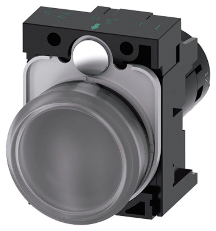 Siemens, 3SU1201, Panel Mount Clear LED Pilot Light Complete, 22mm Cutout, Round, 24V ac/dc