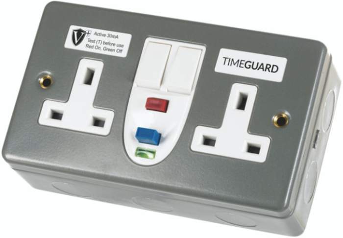 Timeguard 13A, BS 7288 Fixing, Active, 2 Gang RCD Socket, Steel, Surface Mount , Switched No, 230 V ac, Grey, Screwed