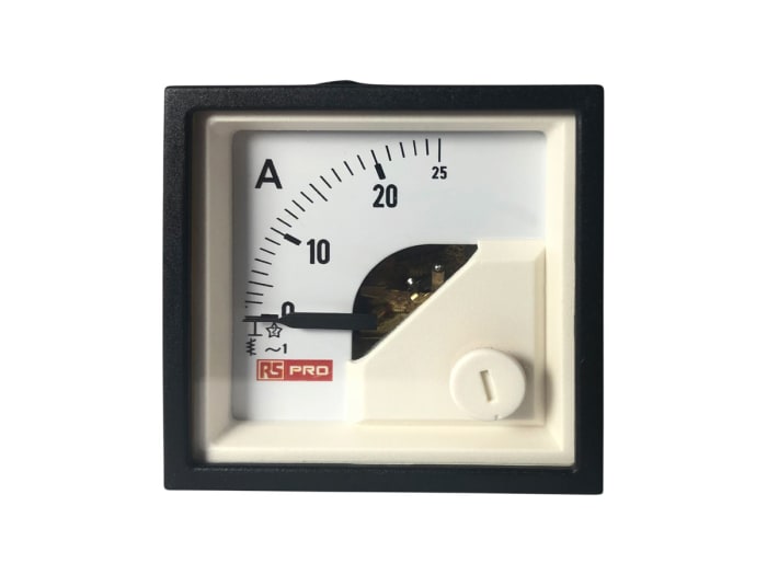 RS PRO Analogue Panel Ammeter 25 (Input, Scale)A AC, 45mm x 45mm, 1 % Moving Iron